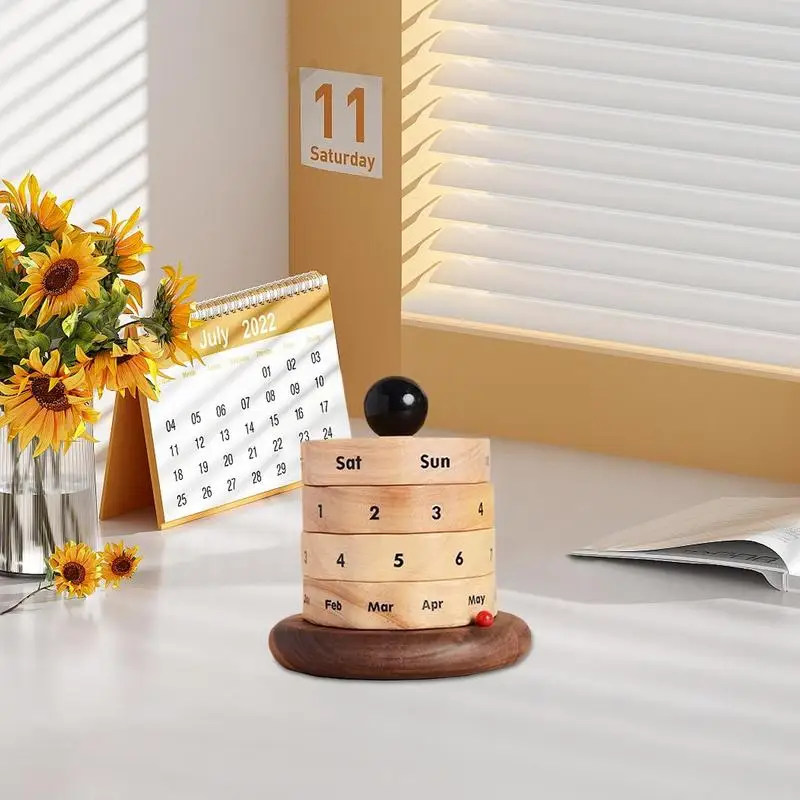 Wooden Rotating Calendar Calendars Cylinder Chic Rustic Decoration Desktop Wooden Perpetual Calendar Ornament For Office Desk