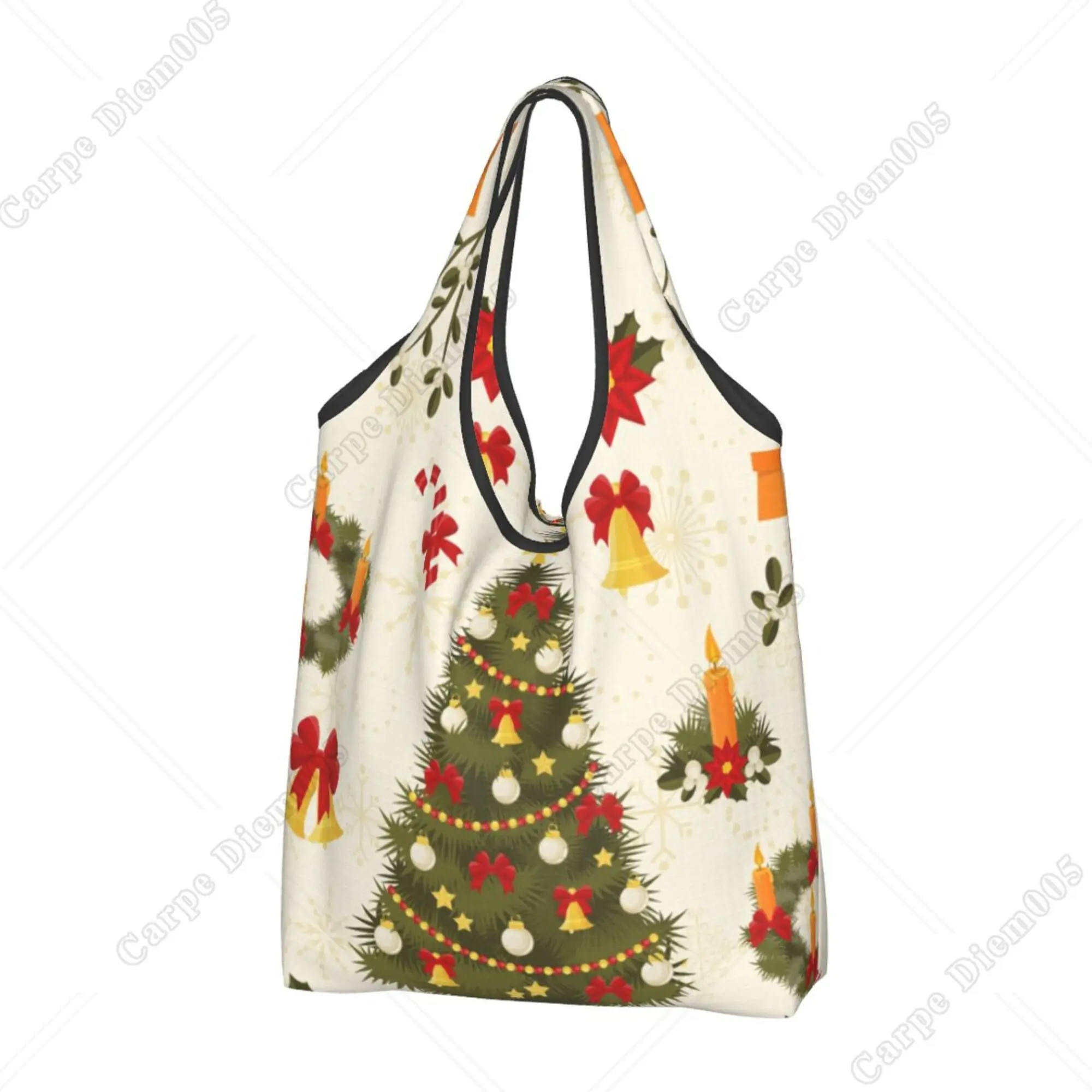 

Christmas Tree Bell and Garland Tote Bag Folding Shopper Bag for Women Shopping Work Walking No Zipper Reusable Shopping Bag