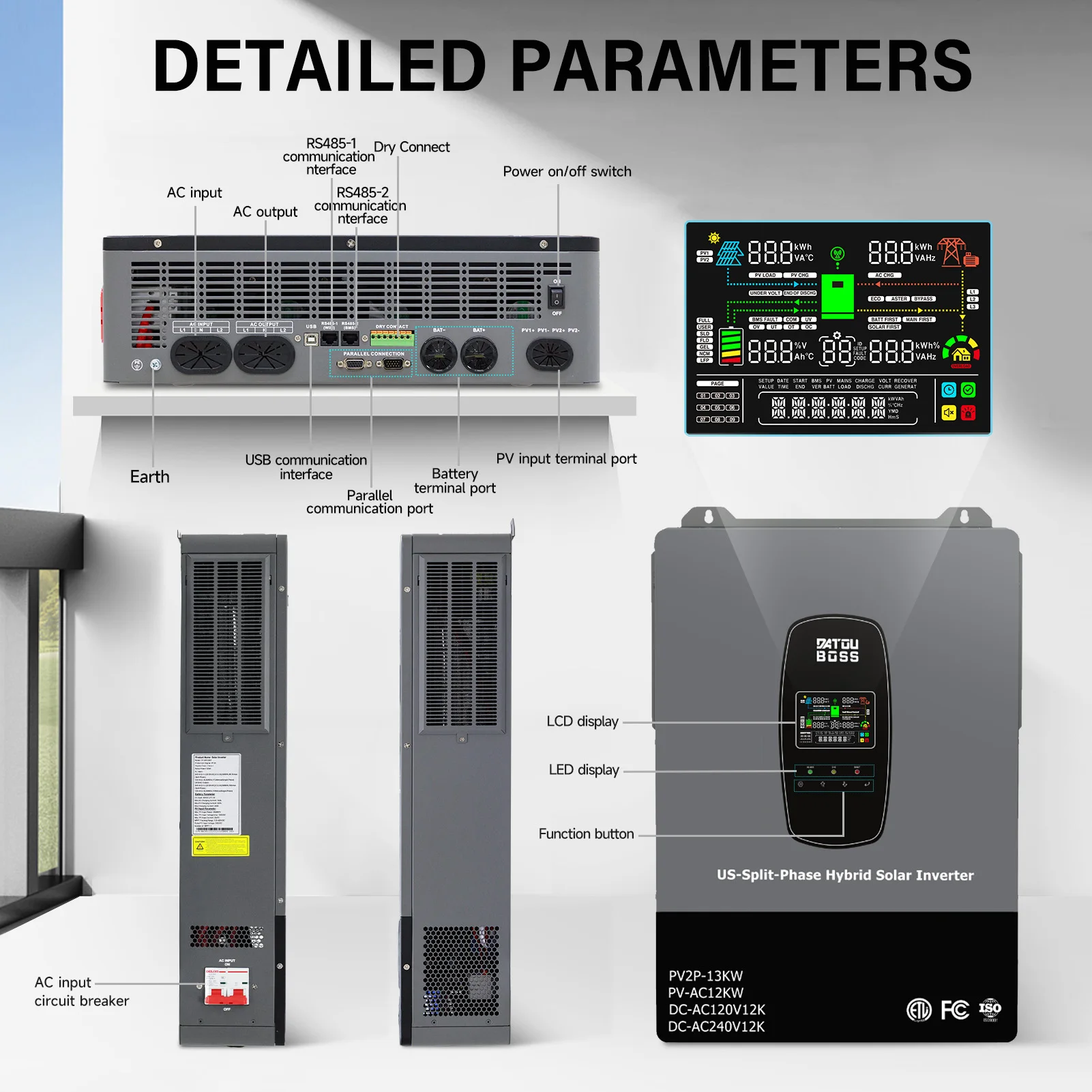 DATOUBOSS 12KW Solar Hybrid Split-Phase Inverter US Standard 240V Battery-Free Mode UPS Uninterruptible Power Supply Off-Grid view 3