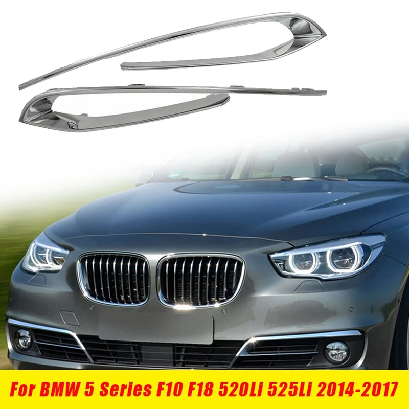 1Pair Front Bumper Fog Light Lamp Eyebrow Cover Trim Parts For BMW 5 Series F10 F18 520Li 525Li 2014-2017 Mesh Chrome Strip