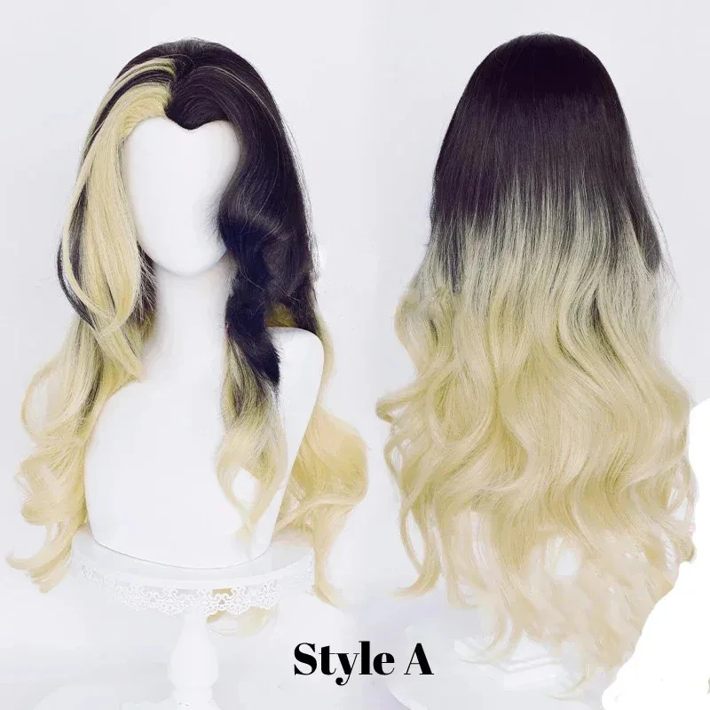 

LOL Coven Ahri Cosplay Black Blond Gradient Mixed 80cm Long Curly Wavy Heat resistant Hair Side Part Halloween Party Wigc; FD1;6