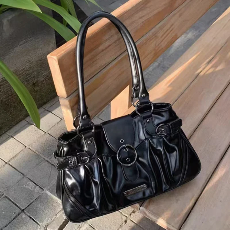 

Vintage Oil-waxed Leather Motorcycle Bag Fashion Y2k Hot Girl Underarm Bag Magnetic Snap Design Handbag Simple Shoulder Bag