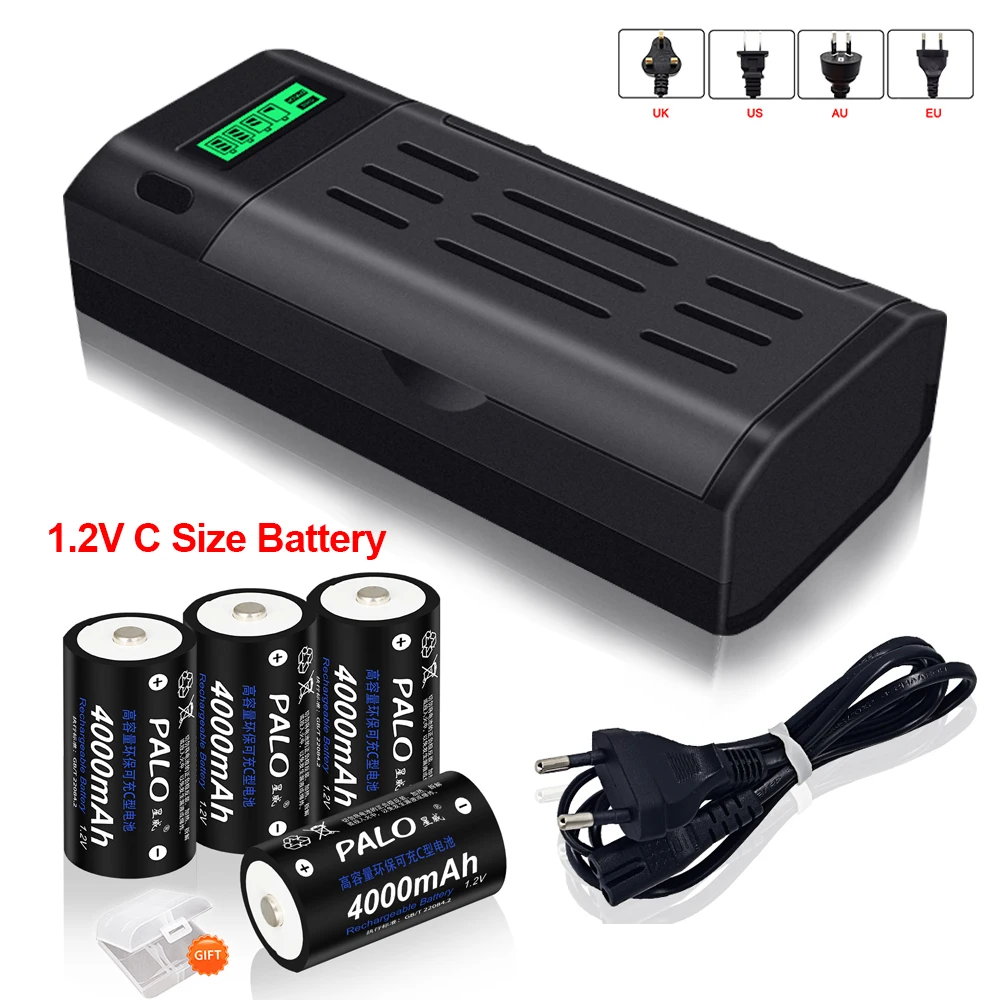 PALO 1.2V C Size LR14 Rechargeable Battery 4000mAH R14 NIMH Batteries+LCD Smart Charger for 1.2V AA/AAA C D Size 9V Battery