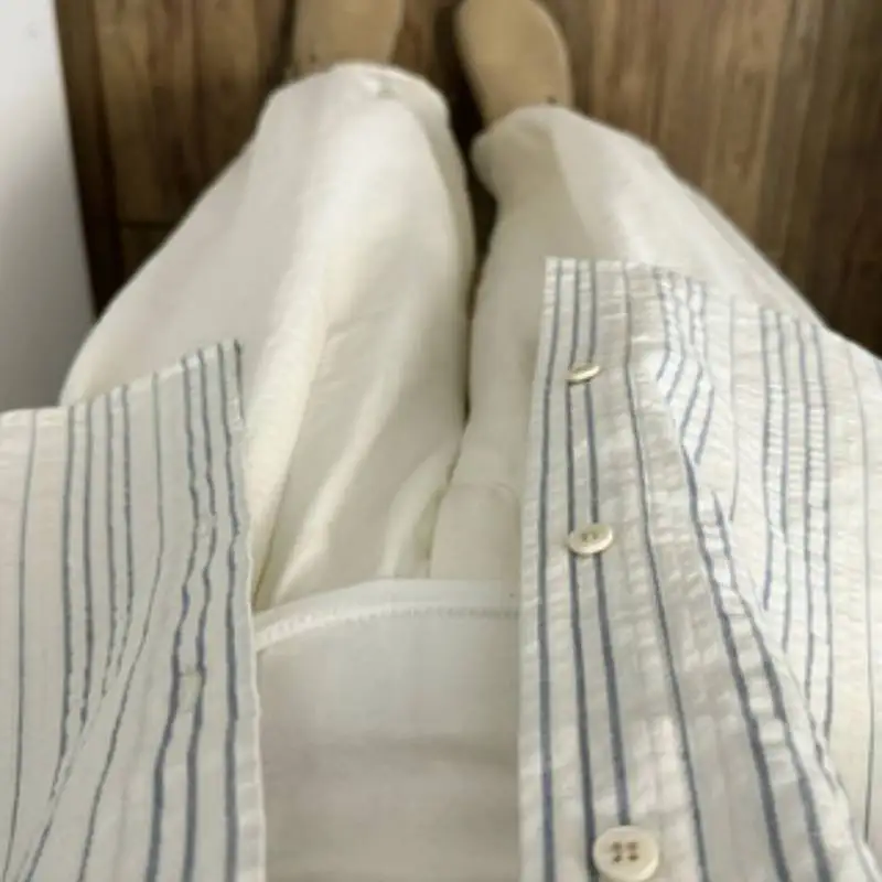 

2025 New Women's Korean-Style Fresh White Striped Lapel Shirt | Spring & Summer, Loose, Versatile, Slim-Fitting Long-Sleeve