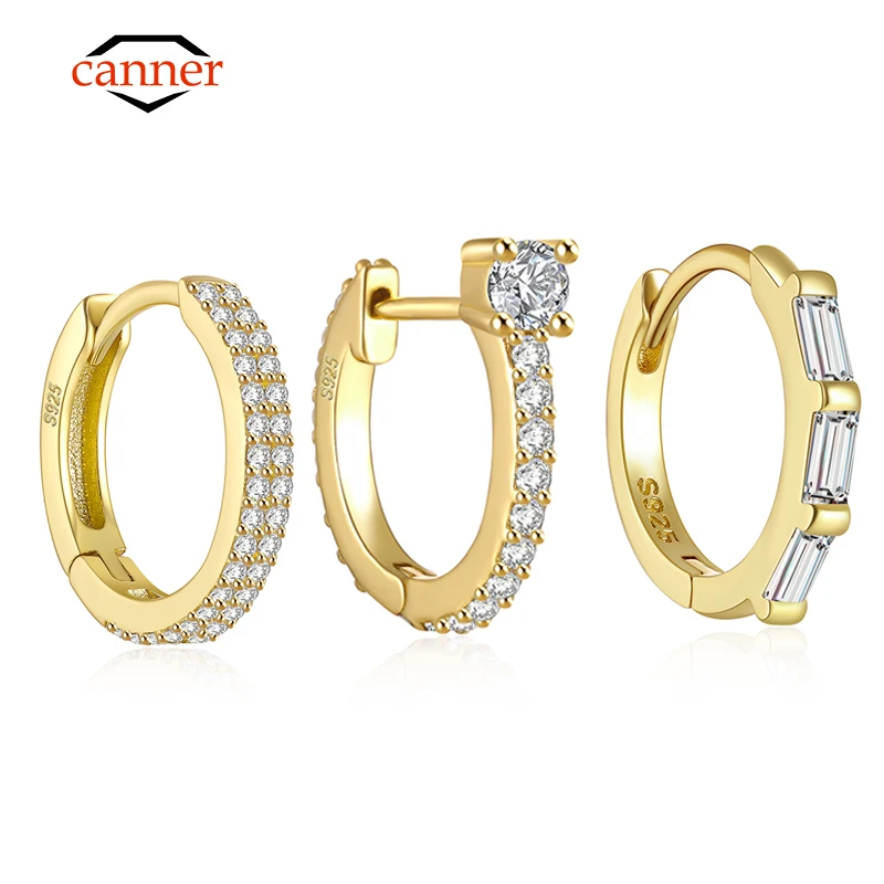 CANNER Classic Piercing Hoop Earrings for Women 925 Sterling Silver Zircon Round Huggie Earring Engagement Jewelry Pendientes