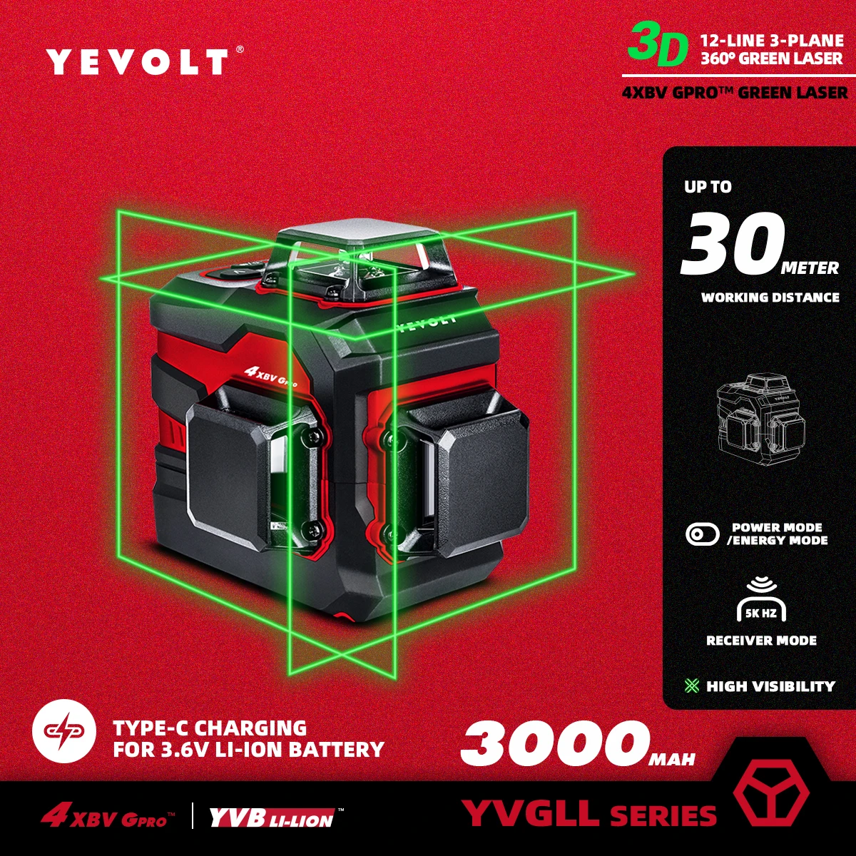 Yetolt muslimate Series Green Laser Level 3-Plane 12-Line autolivellante 360 3D utensili elettrici orizzontali e verticali 3.6V 3Ah