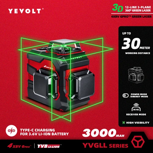 YEVOLT YVGLL4XS12 시리즈 녹색 레이저 레벨, 3 평면 12 라인 셀프 레벨링 360, 3D 수평 및 수직 3.6V 3Ah 전동 공구 