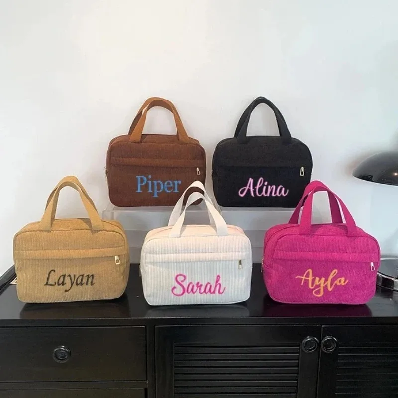 Personalized Embroidery Corduroy Makeup Bag - Custom Name, Multi-functional Portable Travel Storage Pouch, Leisure Handbag for C