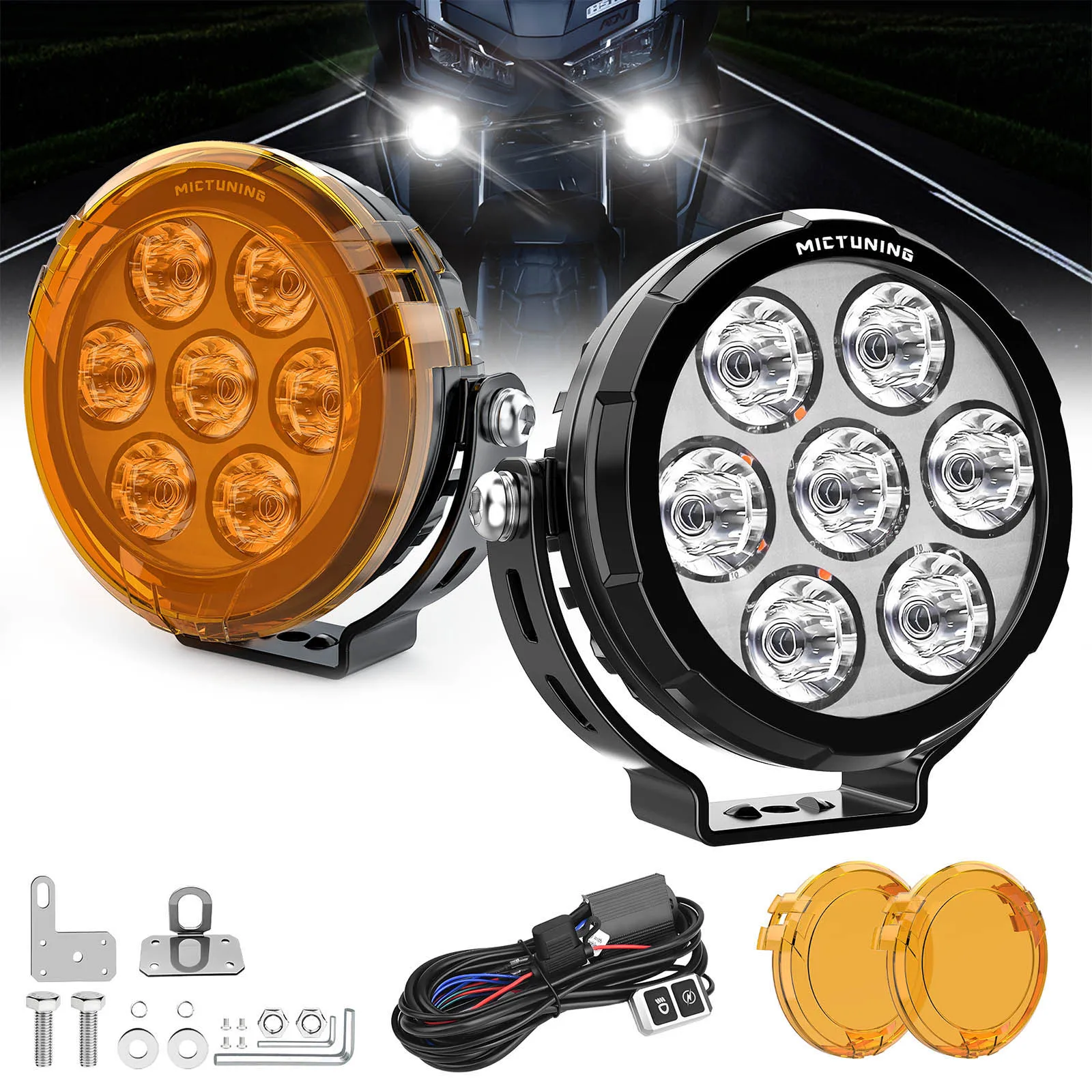 

MICTUNING 2Pcs 4.5 Inch Motorcycle LED Driving Lights Round Pods Work Spotlight Fog Light Waterproof Wiring Harness Kit