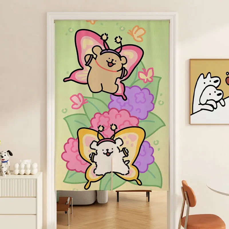 VIKAMA Cartoon Dog Trimming Smiling Tree Illustration Door Curtain Rod Pocket Playful Kids Room Panel Home Decor Soft Durable