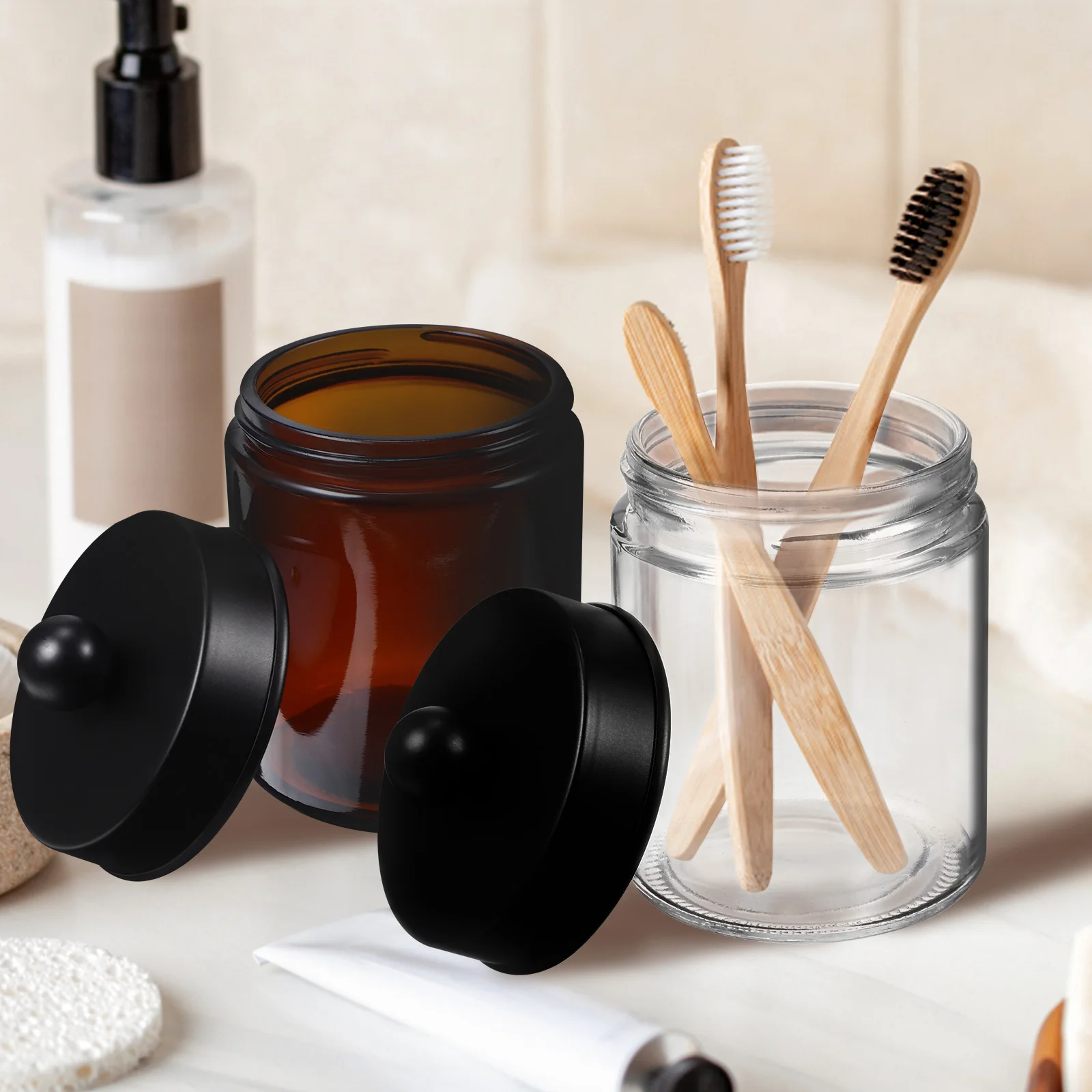 

2Pcs Glass Swab Holder with Lids Cotton Pad Organizer Bathroom Jars Compact Size Attractive Design Multiple Uses