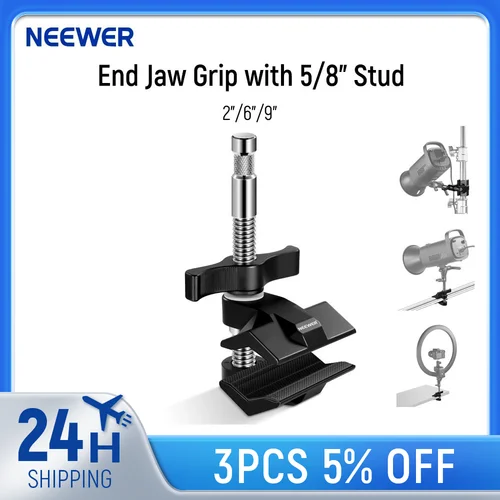 NEEWER Agarre de mandíbula final con perno de 5/8 "", abrazadera de agarre de tubo de extremo de eje de acero con mandíbulas de aluminio ajustables, almohadillas de goma para soporte C
