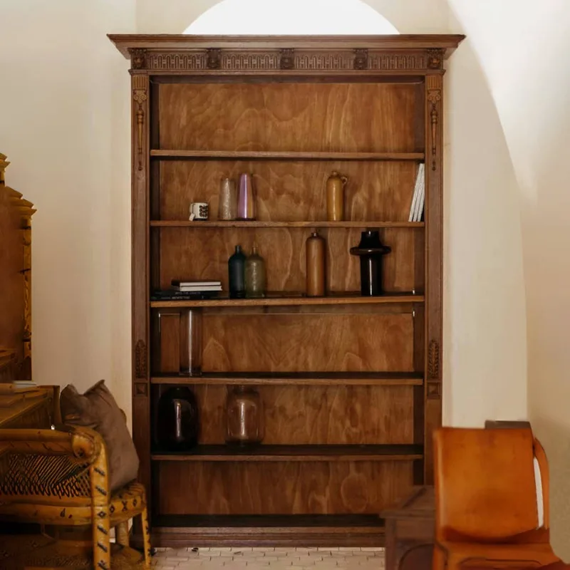 

European retro solid wood carving old doorless bookcase French classical medieval multi-layer display case against the wall mult