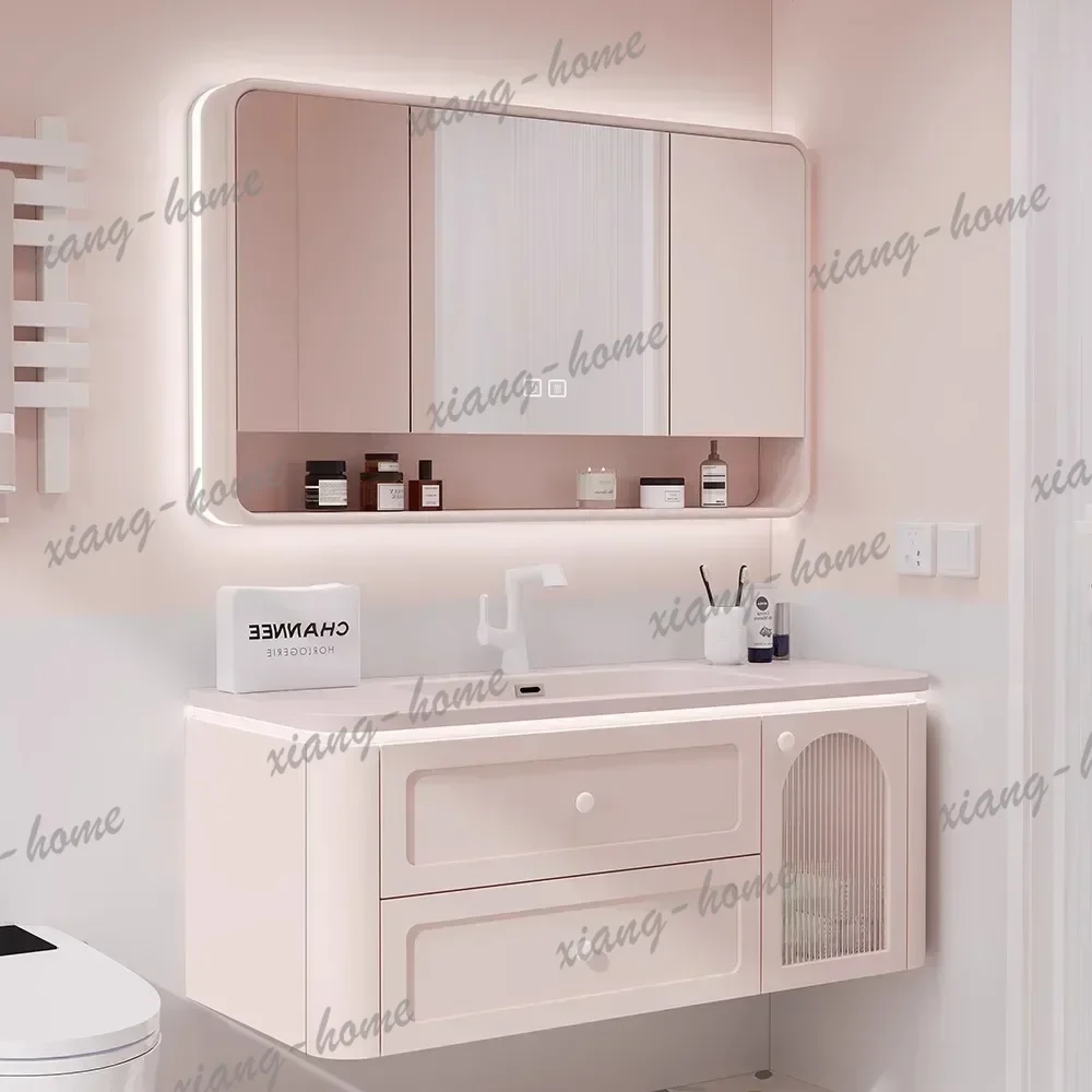 Pink Skin Sensor Oak French Bathroom Vanity Cabinet with Sink Mirror Integrated Ceramic Washbasin Combination