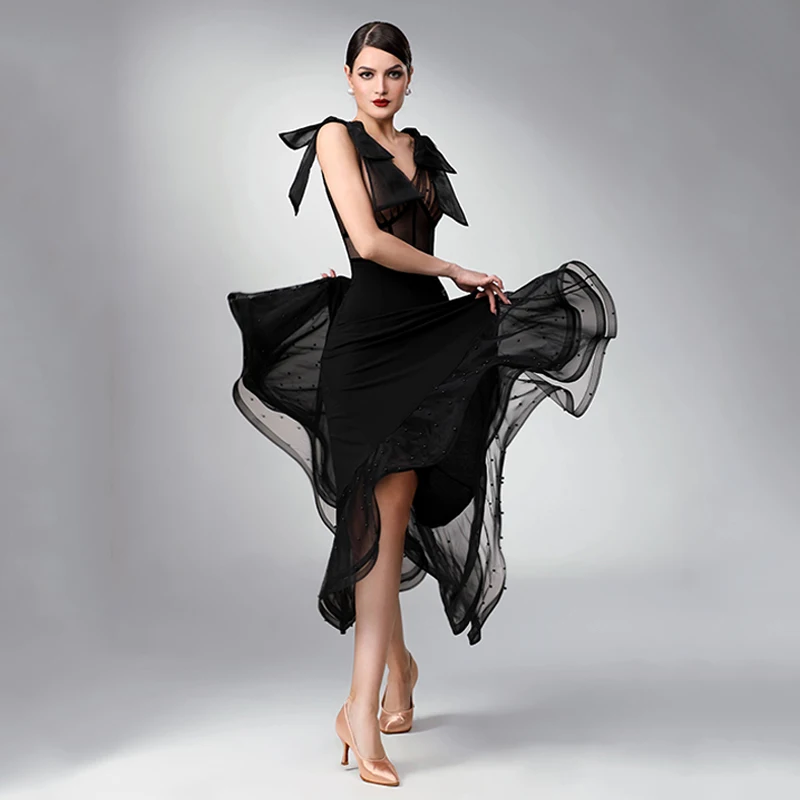 Summer Ballroom Dress Standard Dance Costume V-Neck Mesh Sleeveless Long Dresses Women Ball Gowns Waltz Competition Outfit 2049