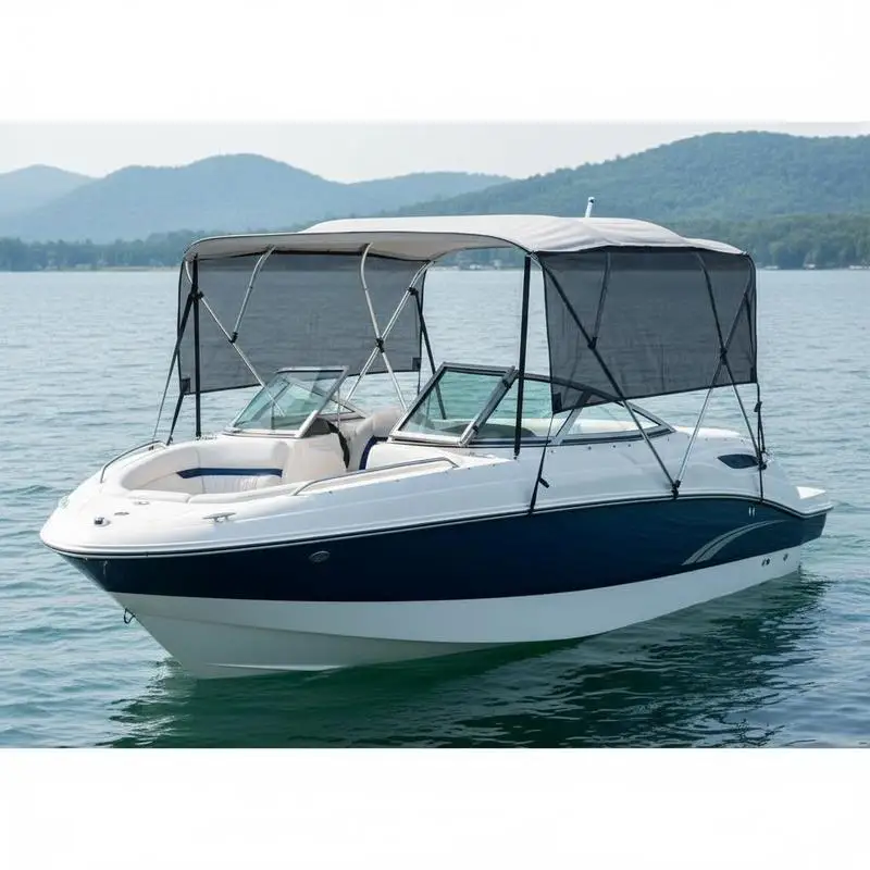 

4 Bow Bimini Top Boat Cover, Detachable Mesh Sidewalls, 600D Polyester Canopy with 1" Aluminum Alloy Frame, Includes Storage Boot, 2 Straps, 2 Support Poles, 8'L x 54"H x 79"-84"W, Light Grey