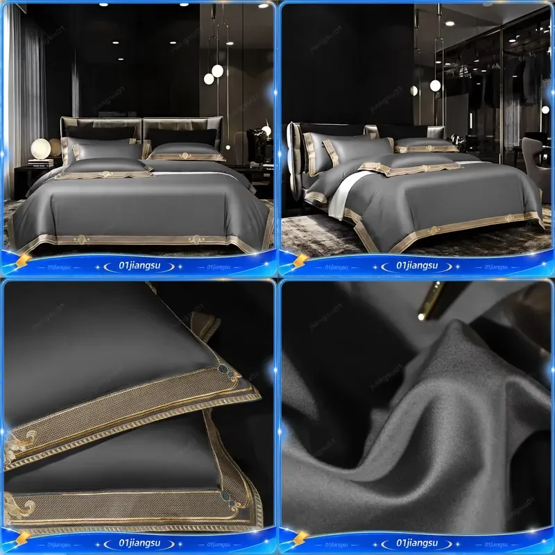 Luxury 1200TC Egyptian Cotton Satin Bedding Set Gold Embroidery Duvet Cover Flat Fitted Sheet Pillowcases Queen King Size
