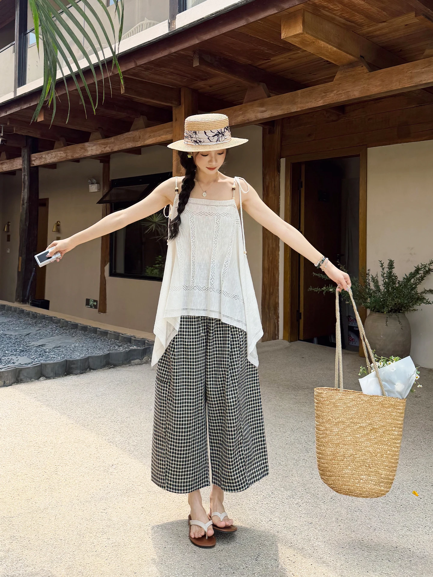 

Черные свободные брюки в клетку с эластичным поясом, широкие штанины, летняя новинка, универсальный свободный крой, женская мода