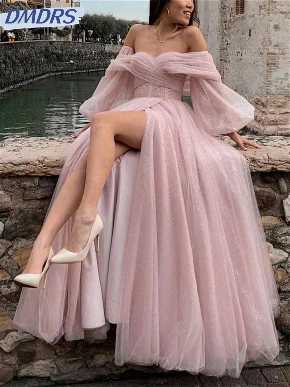 Charming off-the-shoulder Evening Gown 2024 Classic Tulle Party Dress Sexy Side Slit Floor Length Gowns Vestidos De Novia