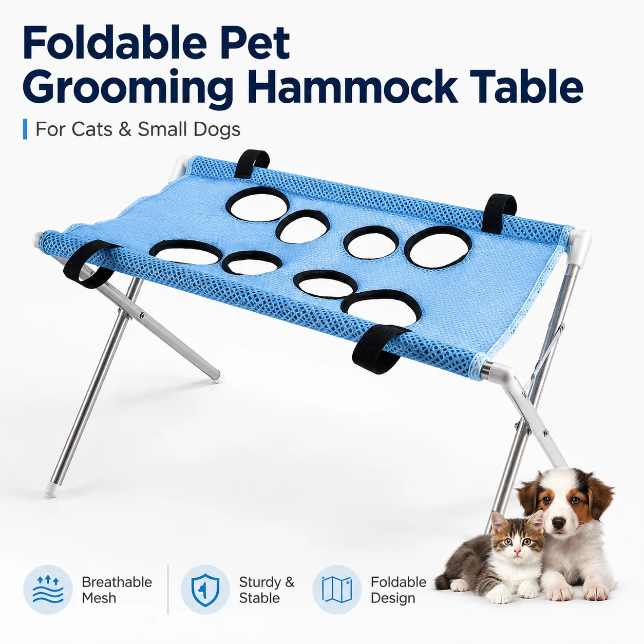 Pet Grooming Hammock Stand Foldable Dog Cat Nail Clipping Table Stainless Steel Portable Breathable Mesh Care Bed for Small Pets