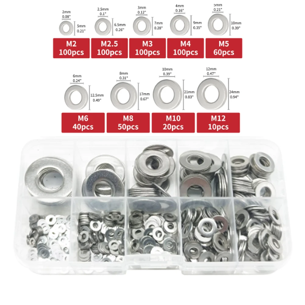 360pcs/580pcs 9 Sizes 304 Stainless Steel Flat Washers Assortment Kit (M2 M2.5 M3 M4 M5 M6 M8 M10 M12) Suitable for Home Decorat