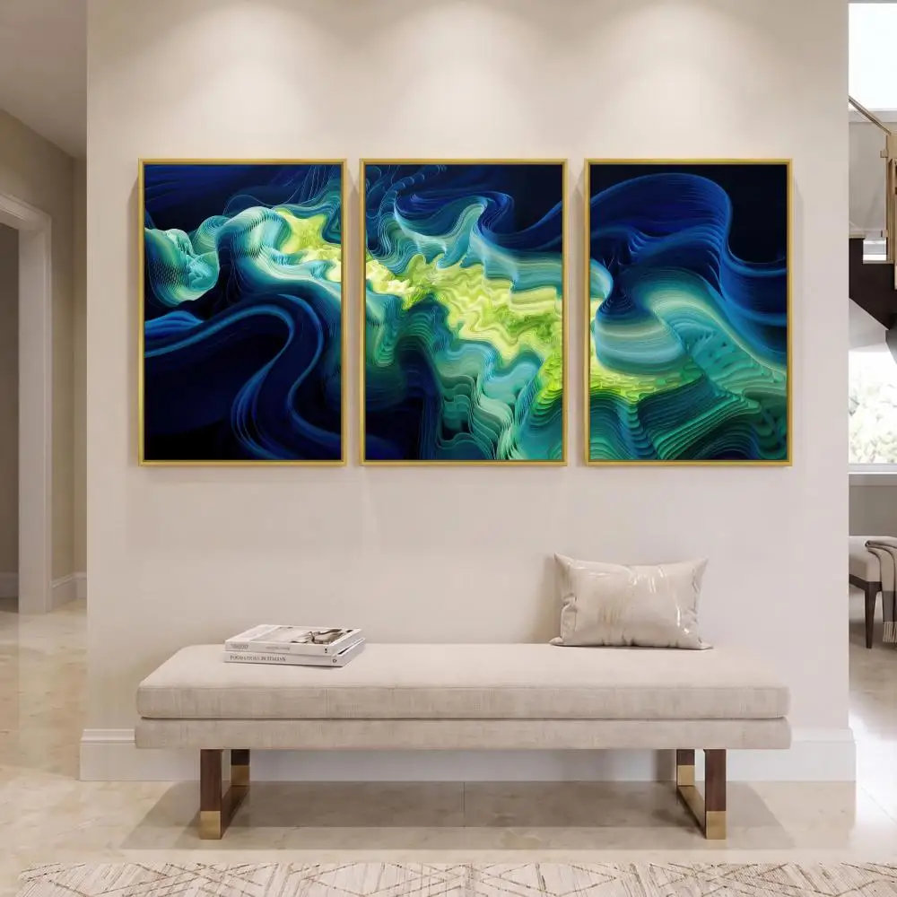 Blue Green Flowing Abstract Waves Painting Calligraphy 3 Piece Canvas Poster Wall Art for Living Room Bedroom Office Home Decor
