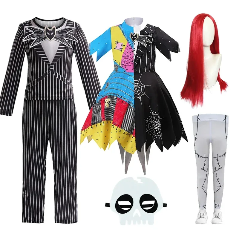 

Movie Nightmare Christmas Cosplay Costume Sally Jack Skeleton Disguise Dress Set Kids Suits Halloween Carnival Party Clothes