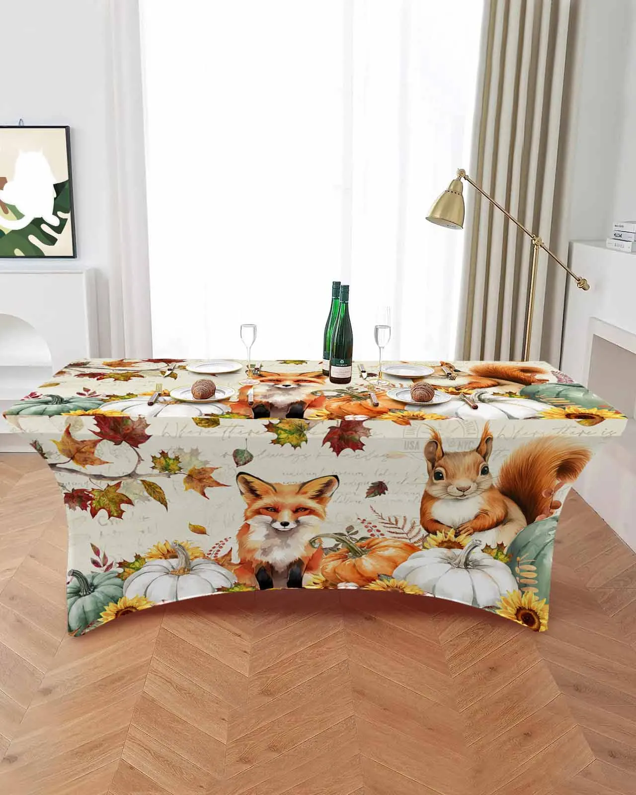 Thanksgiving Pumpkin Fox Squirrel Vintage Letter High Stretch Tablecloth Wedding Party Decor Table Cover Outdoor Table Cloth