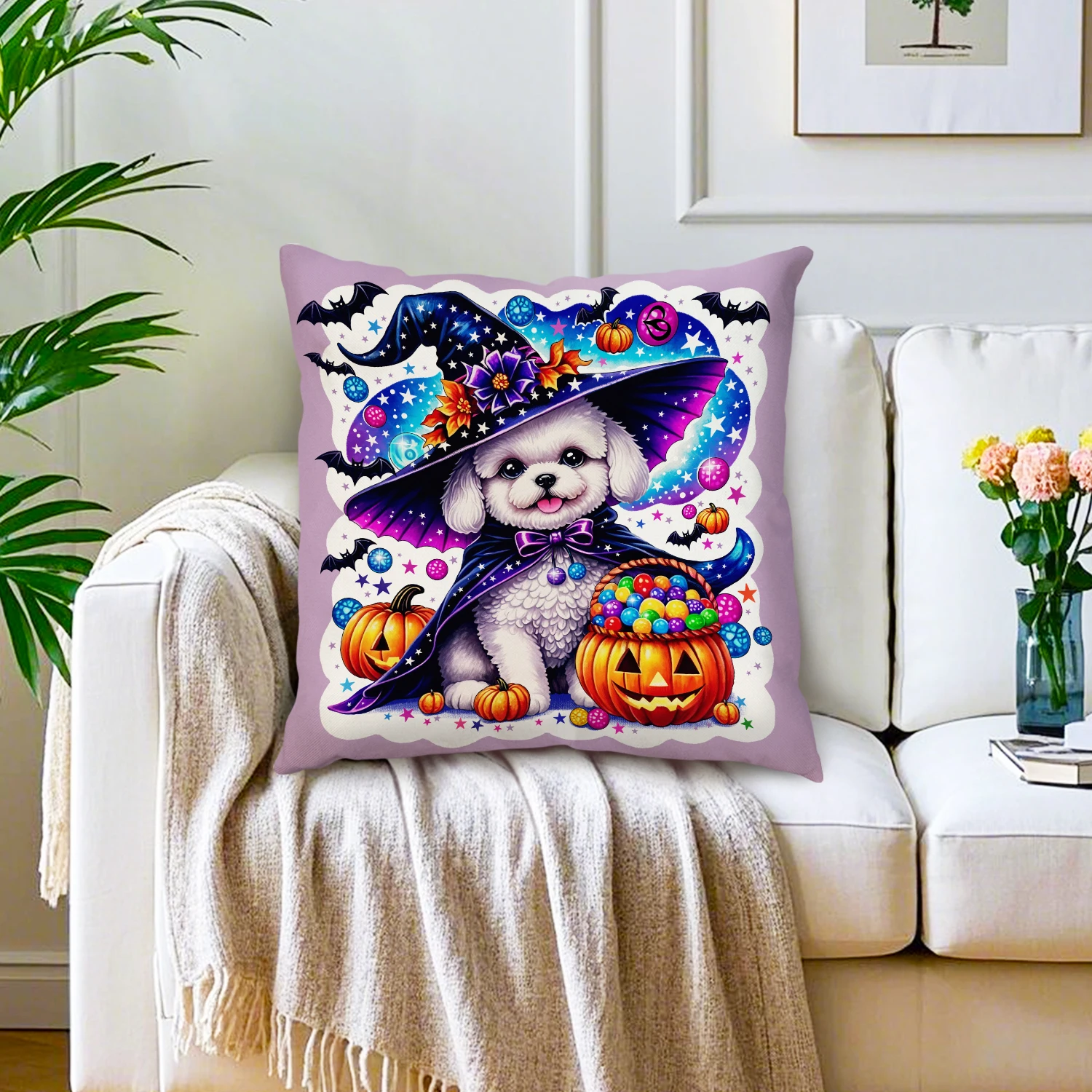 Halloween Witch Bichon Frise Dog Cushion Cover Puppy Pumpkin Decorative Pillow Case Spooky Holiday Party Sofa Bedroom Home Decor