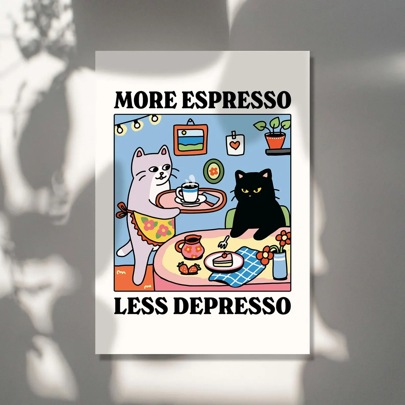 More Espresso Less Depresso Black Cat Wall Print, Coffee Cat Poster, Kitchen Art, Handmade Cat Poster, Coffee Bar, Unique
