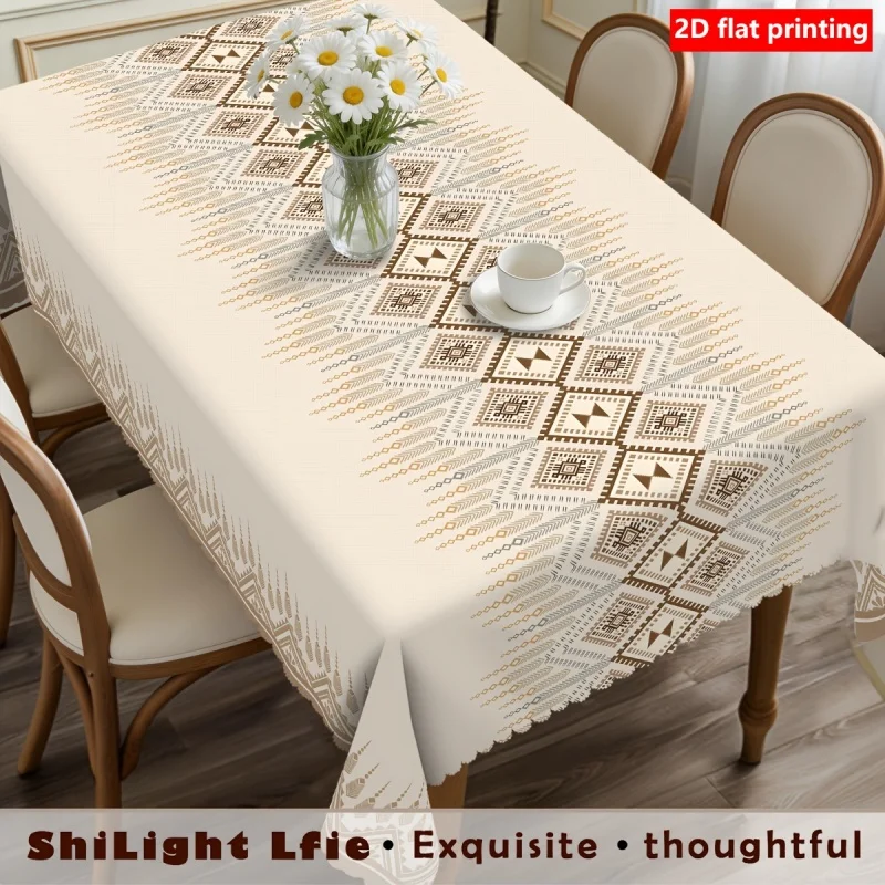 1pcs One Bohemian-style tablecloth, with a beige base featuring geometric patterns and a wavy edge design.