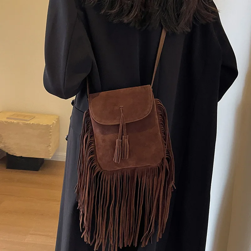 

Retro Frosted Tassel Crossbody Bag Travel Vaion Handbag Small Size PU Leather American Sle Women's Bag for Summer 2024