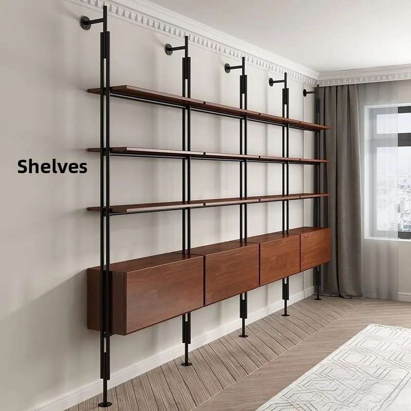 Minimalist and simple multi-layer wrought iron wall storage rack solid wood
