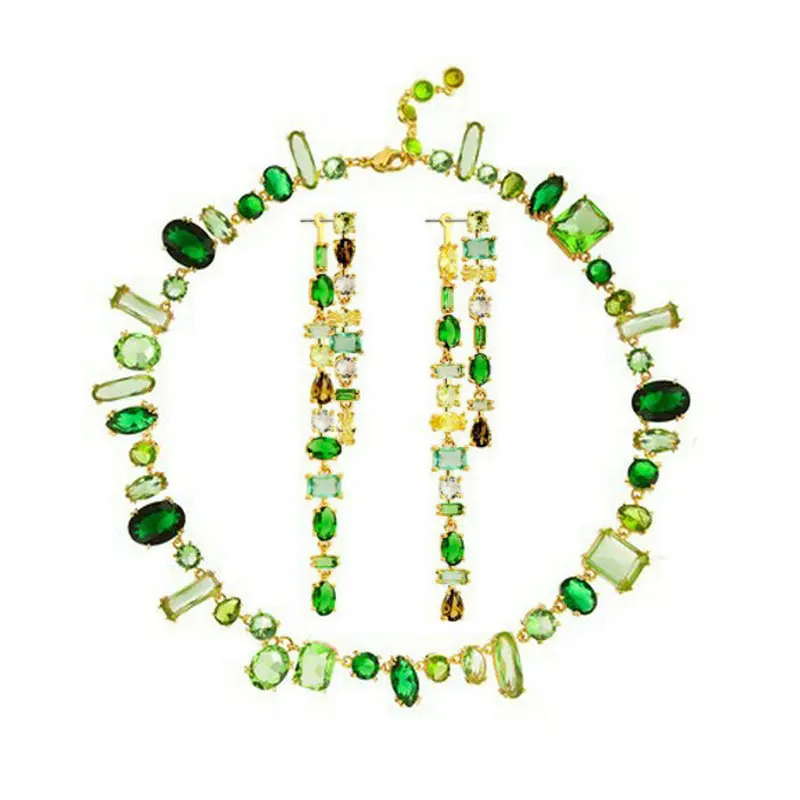 2022 Top Quality Gorgeous Imported Green Crystal Vintage Necklace Long Tassel Dangle Earrings Jewelry Set For Bridal