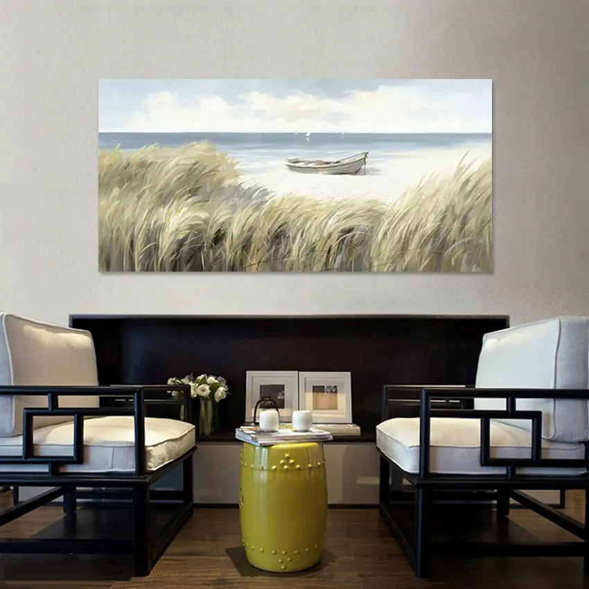 Unframed Modern Abstract Oil Painting, Boat Textured Wall, Canvas Art, 3D Beautiful Scenery Picture, Simple Beach Hand Drawing