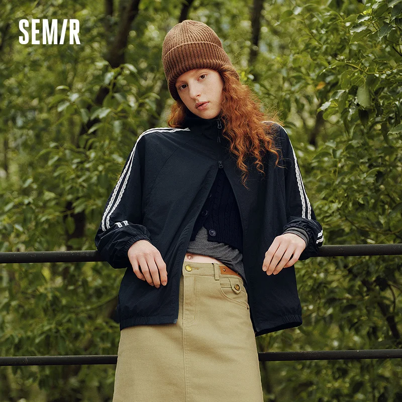 Semir Women Jacket Lace Trim Texture Stand Collar Oversize Sport Style Sweet Cool Autumn Outerwear Daily Wear 2026