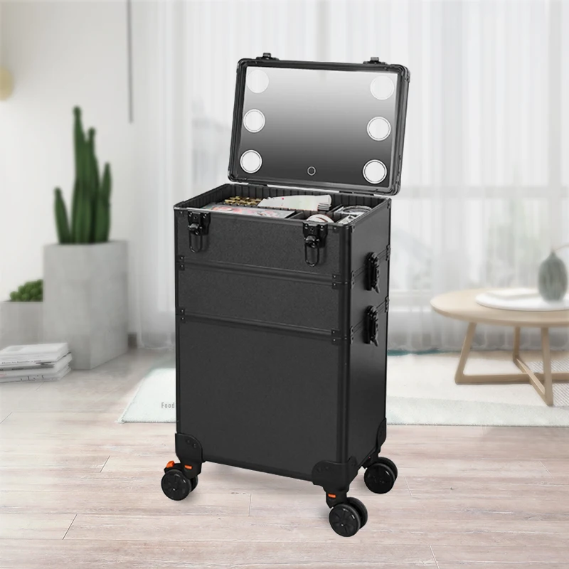 

Professional Aluminum Alloy Golden Makeup Trolley Case With 3-in-1 Design, With led lights mirror Ideal for Travel or Home