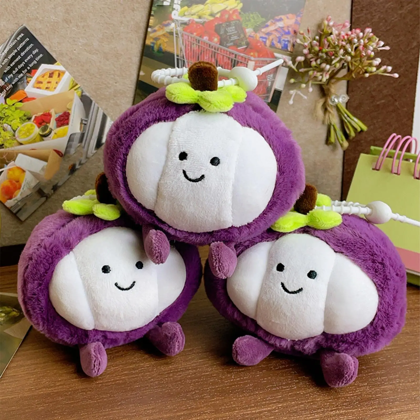 Lindo bolso de peluche de mangostán, colgante de fruta de peluche suave para mochila, bolso, llavero, decoración Kawaii divertida para niños, adultos, escuela