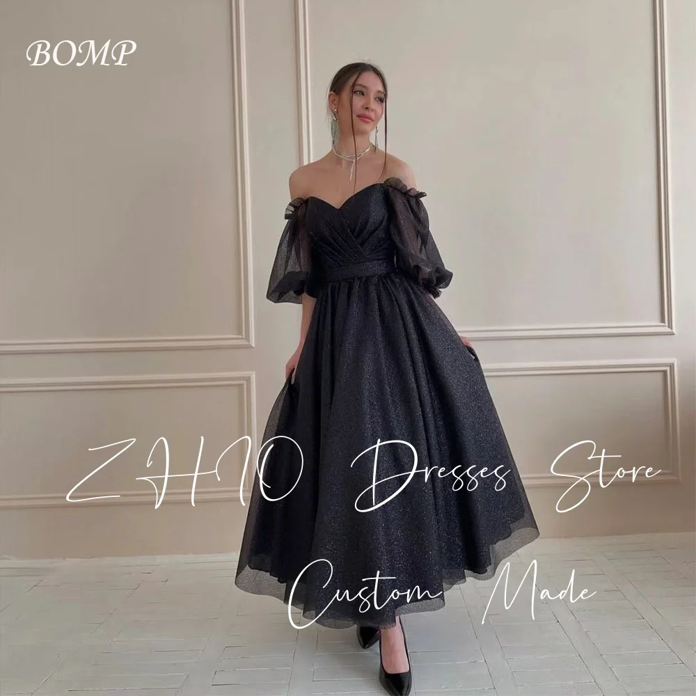 

ZHIO Princess Black Wedding Party Dress Off Shoulder Pleat Illusion Sleeves A-Line Organza Evening Gown Customized Saudi Arabic