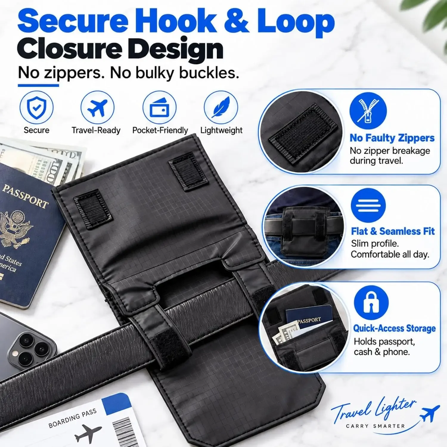 3IN1 Hidden Belt Pouch Travel Belt Wallet Hidden Anti-Theft Passport Pouch Slim Travel Security Belt Wallet for Cash Cards