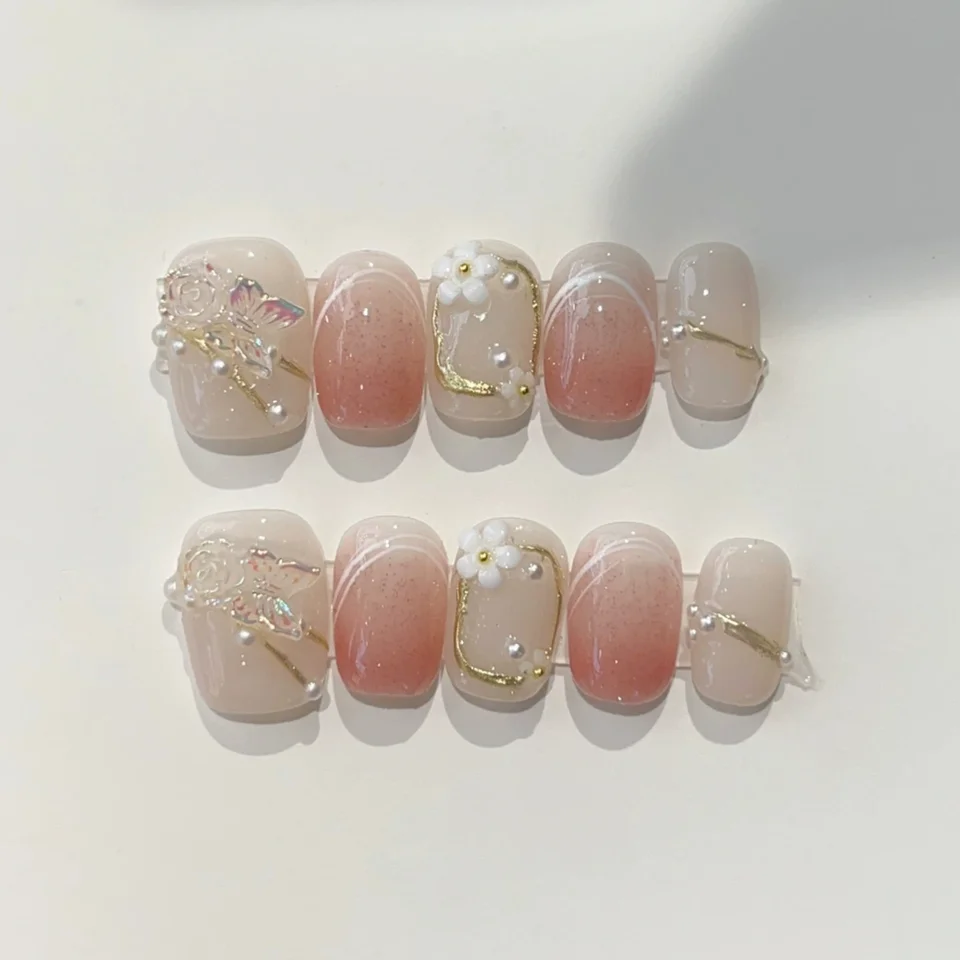10 piezas uñas postizas cortas cuadradas hechas a mano, con flores y ojo de gato, estilo ballet 4