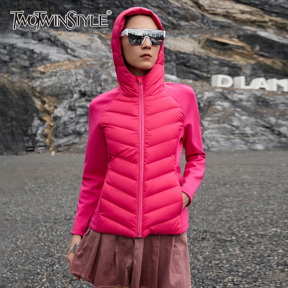 TWOTWINSTYLE Solid Casual Designr Jackets For Women Hooded Long Sleeve Patchwork Zipper Minimalist Slimming Coats Female Clothes