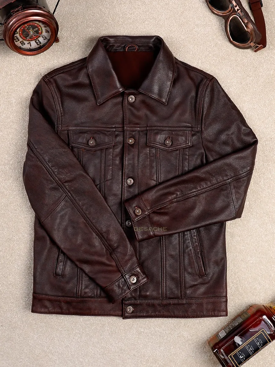 

Red Brown Spring Leather Jacket Men Vintage Style Plus Size 7XL Genuine Natural Cowhide Turn-Down Collar Single Breasted Coat