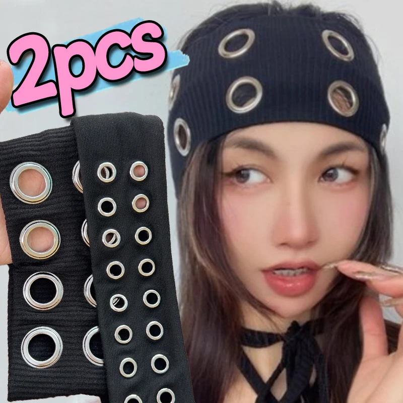 

Metal Ring Elastic Headband Hollowed Out Eyelets Wide Hairband Rock Punk Hair Accessory Y2K Girls Sport Stretchy Casual Headband