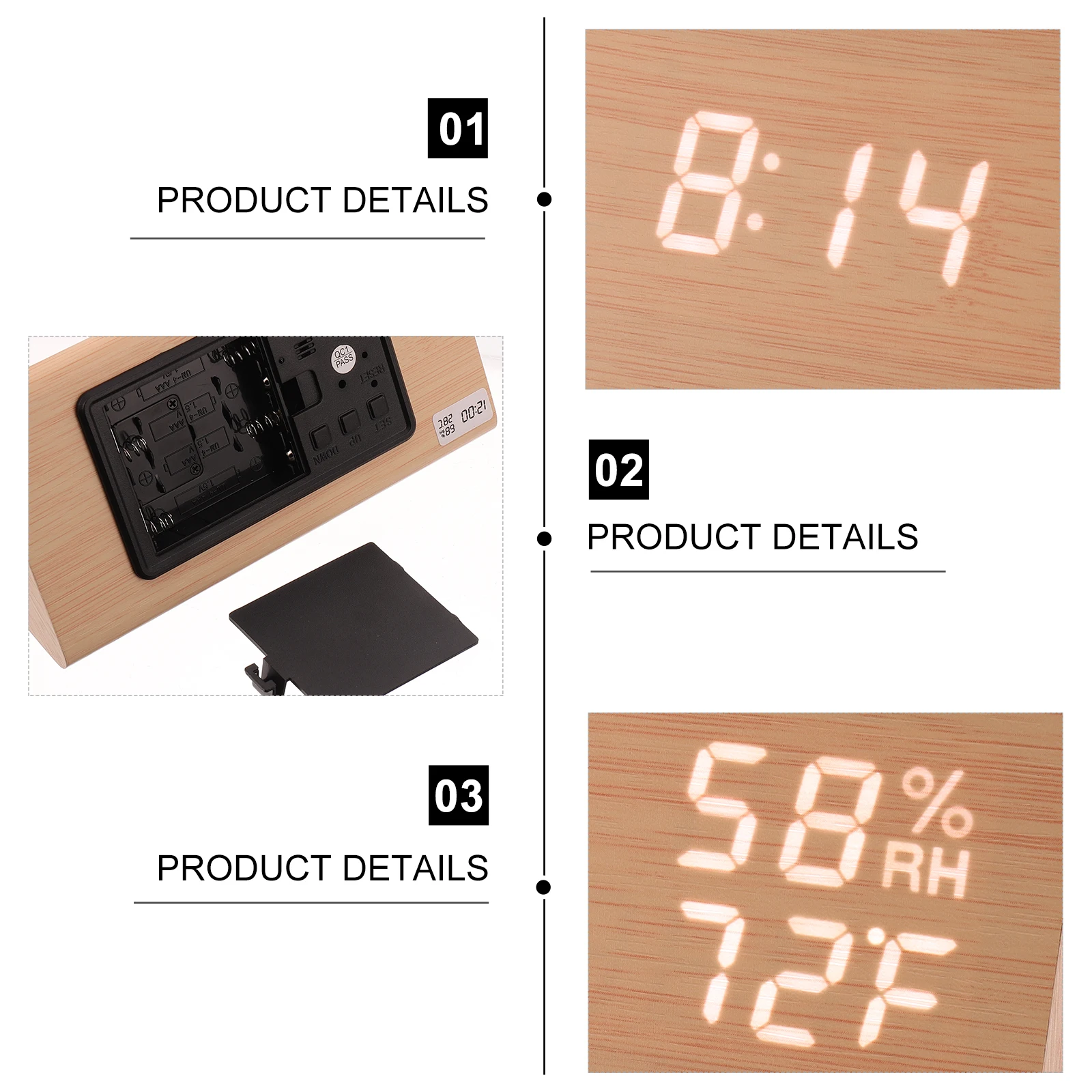 

Wooden LED Alarm Clock Temperature Humidity Digital Sound Control USB Brightness Adjustable Home Office Desk Bedside