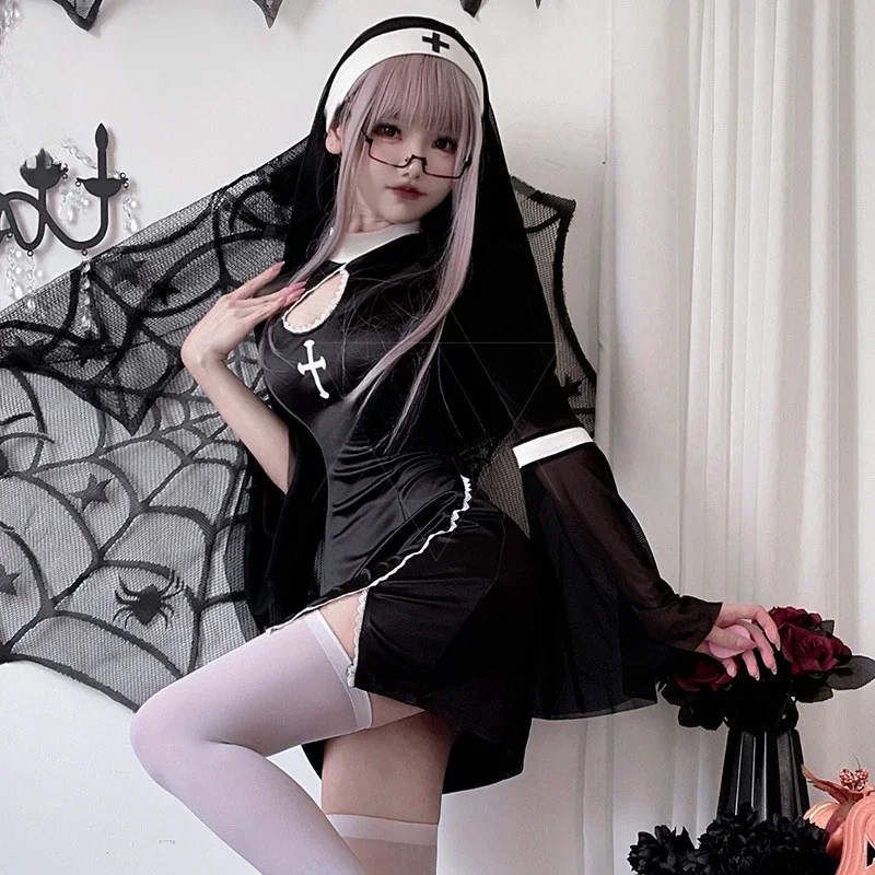 Adult Ladies Halloween Cosplay Costume Nun Cross Dark Gothic Dance Dress Carnival Party Performance Dresses Women Birthday Gifts