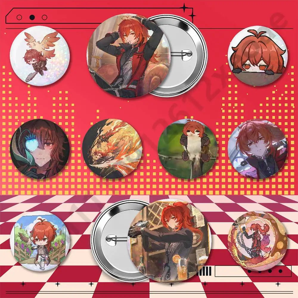 Diluc Genshin Impact Anime Holographic Badge Brooch Pins 25/32/44/58/75mm Round Game Cosplay Backpack Bag Decor Fan Merchandise
