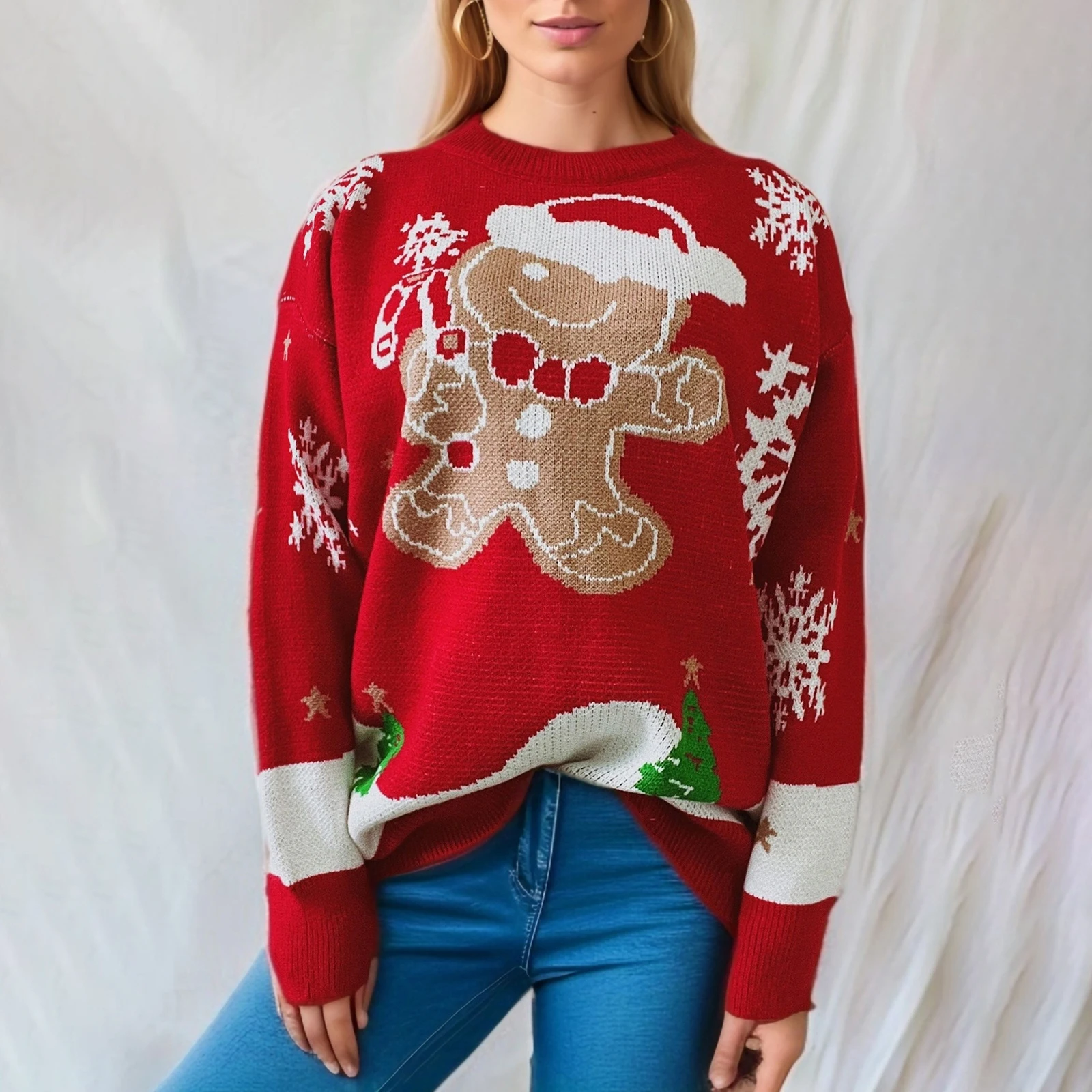 Christmas Gingerbread Print Knit Sweaters for Women Fall Winter Long Sleeve Round Neck Loose Pullover Tops Jumpers