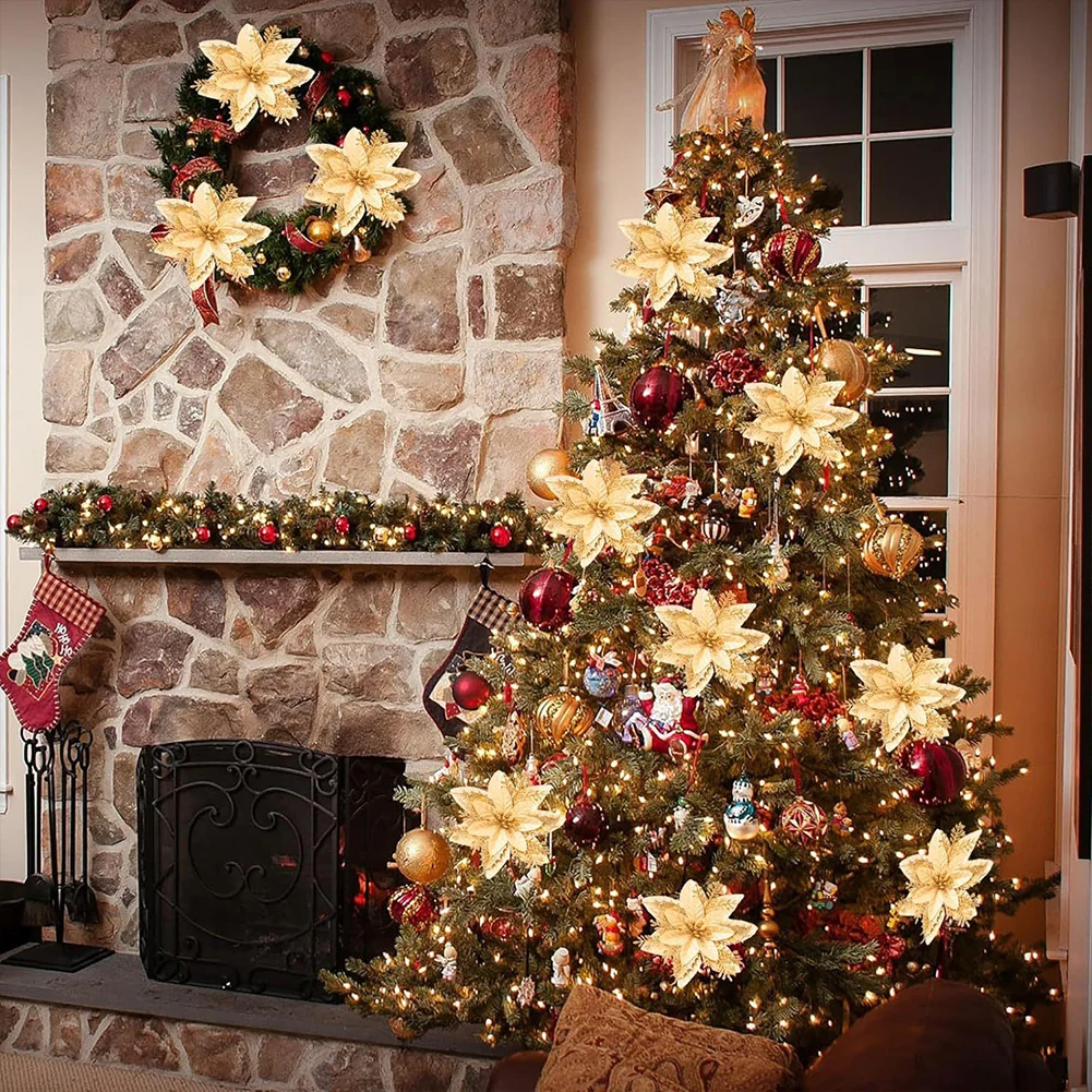 12Pcs Christmas Poinsettia Artificial Poinsettia Decorative Glittery Flowers Decorations with Clips for Stairs Window Fireplace