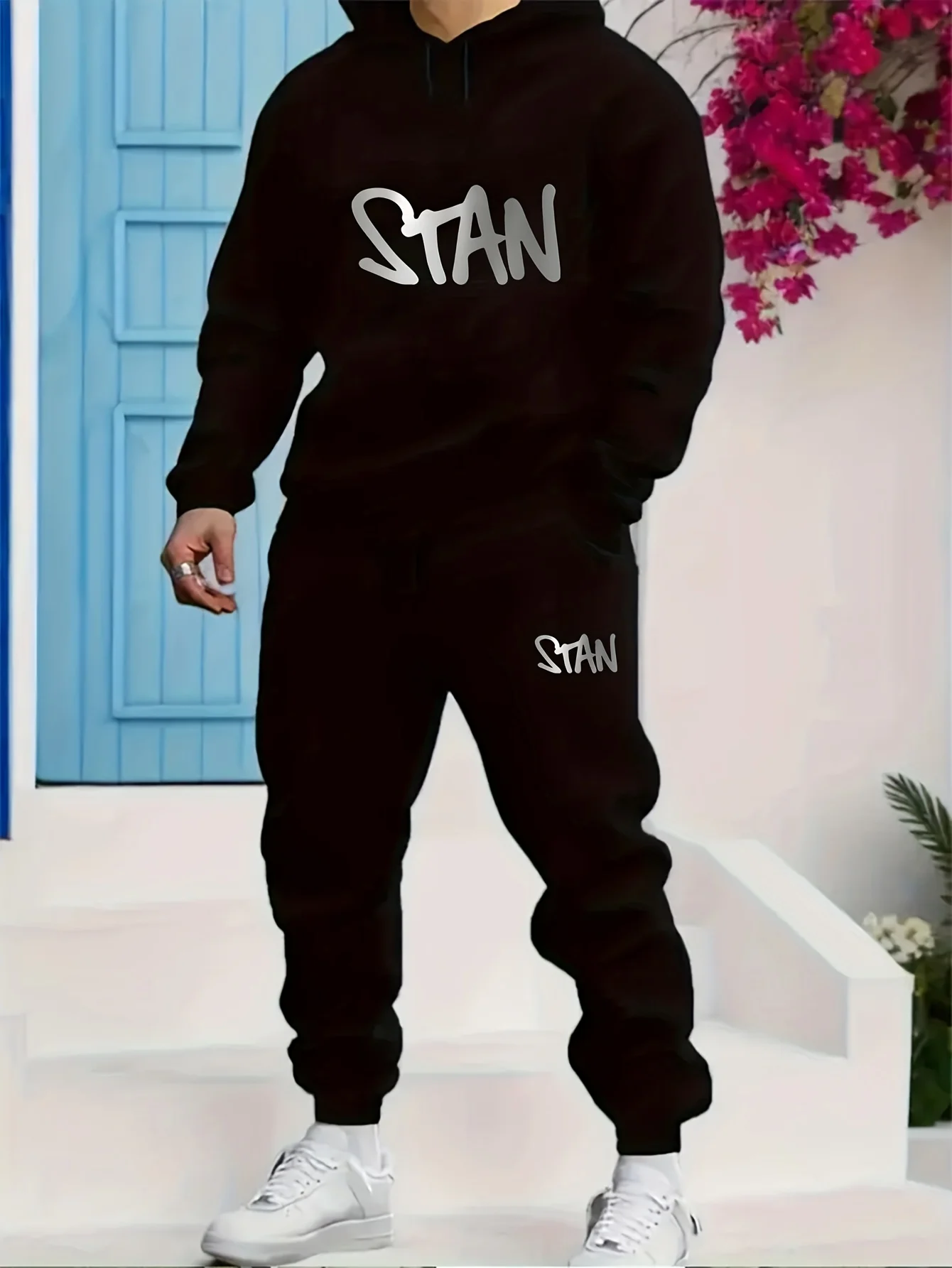 Men's two-piece hooded sports suit with fashionable STAN letter print pattern, suitable for thick winter and autumn sports suits